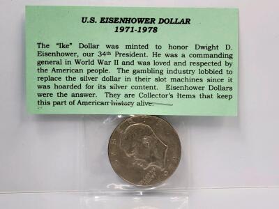 1974 Eisenhower Dollar, U.S. Mint, One Dollar Coin, Copper-Nickel Clad, Collectible Holder