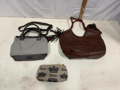 Kensie Gray Satchel, Juicy Couture Pouch & Brown Hobo Shoulder Bag, Fashion Lot, 3 Pieces