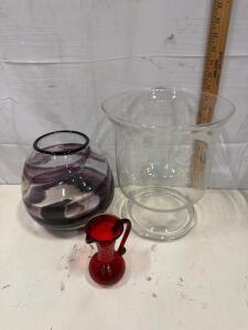 Set of 3 Art Glass Vases &ndash; Clear Flared 10.25&rdquo;, Purple Swirled Globe, Ruby Red Miniature Pitcher