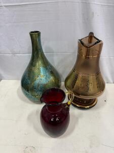 Vintage Art Glass Pitcher, Marbled Ceramic Vase, and Gilded Amber Glass Pitcher, 12" & 6" Tall