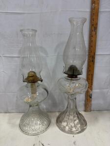 Antique Pair of Clear Pressed Glass Oil Lamps with Brass Burners, Victorian Style, 13-14 Inches Tall
