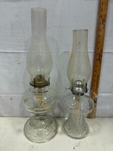 Pair of Vintage Clear Glass Oil Lamps &ndash; 19.5" & 16" Tall, Embossed Pattern, Manual Wick