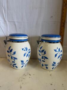 Set of 2 Ceramic Kitchen Canisters with Blue Floral Design, Airtight Clamp Lids, 8" Tall