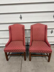 Set of Two Upholstered Wingback Side Chairs, Red with Gold Diamond Pattern, 37.25" H x 23.25" W x 26.5" D