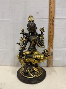 13" Brass Tara Statue with Gilded Highlights and Intricate Detailing