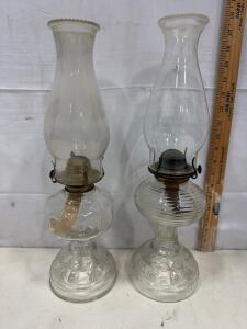 Pair of 13.5-Inch Clear Glass Hurricane Oil Lamps with Ornate and Ribbed Designs, Flat Wick