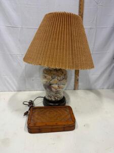 Vintage Glass Table Lamp with Sea Shell Fill, Pleated Shade, and Bamboo Storage Box, 25" Tall