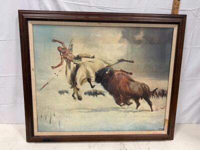 Harry Bishop Signed Western Buffalo Hunt Print Framed Art, 32" x 26", Native American Theme