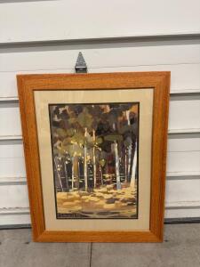 Signed 1998 Framed Landscape Painting, Forest Trees, Artist Unknown, 32x26" Wood Frame