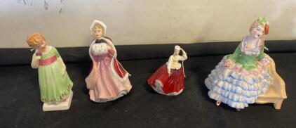 Set of 4 Vintage Porcelain Lady Figurines &ndash; Hand-Painted, 5-7" Tall, Multicolor Glaze, Assorted Poses