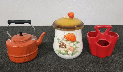 Vintage Mushroom Cookie Jar, Tea Kettle and Red Ceramic Container