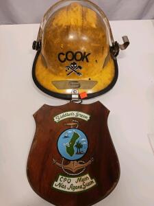 Bullard FX Series Yellow Firefighter Helmet w/ Face Shield, &ldquo;COOK&rdquo; Decal, NAS Agana Guam Plaque