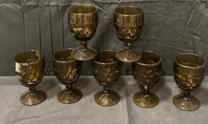 Vintage Amber Glass Goblets, Faceted Hex Pattern, Set of 7, ~8 oz, Indiana Glass Style