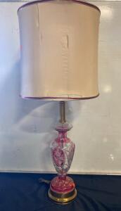 Bohemian Cut-to-Clear Crystal Table Lamp, Ruby Floral Engraving, Brass Base, Shade Included- Working
