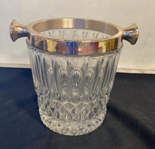 Crystal Ice Bucket with Silver-Tone Handles, Cut Glass, Approx. 1.5 Qt, 8.5" Tall