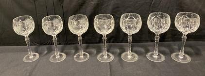 Set of 6 Cut Crystal Wine Glasses with Geometric & Foliage Pattern, Faceted Stem, 7" Tall