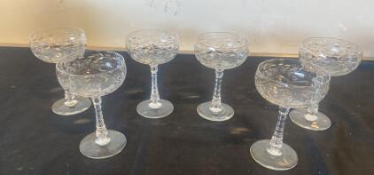 Set of 6 Crystal Champagne Coupe Glasses, Floral Etch, Faceted Stems, 6 oz, 5.5" Tall