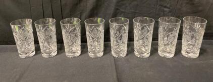 Set of 8 Cut Crystal Highball Glasses, 12 oz Capacity, 6" Tall, Floral & Leaf Engraved Design