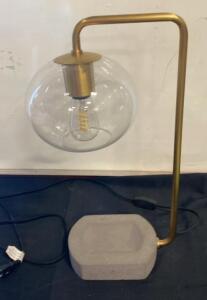 Modern Table Lamp with Concrete Base, Brass Arm, Glass Globe Shade, Edison LED Bulb - Works