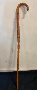 Hand-Carved Wooden Walking Cane with Eagle and Traditional Figure Carvings, 36" Hardwood Crook Handle
