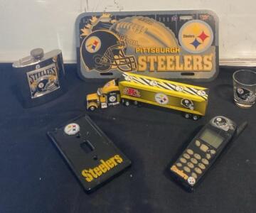Pittsburgh Steelers Memorabilia Lot: License Plate, Flask, Die-Cast Truck, Switch Plate, Cell Phone, Shot Glass