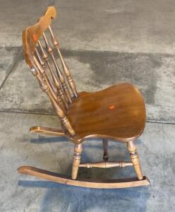 Windsor-Style Wooden Rocking Chair, Contoured Seat, 32" Tall, Brown Finish, Spindle Back