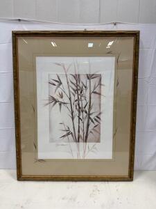 Signed Jardine Bamboo Botanical Print with Faux Bamboo Wood Frame, Double Matted, 32" x 40"