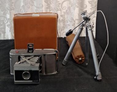 (1) Vintage Polaroid Model J66 Land Camera W/ Leather Case & (1) Vintage Kalimar Model DE-7 3-Way Deluxe Elevator Tripod W/ Leather Case