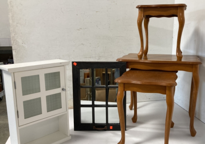 Set of Three Tables, White Cabinet and A Hanging Mirror