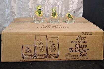 (1) 24-Piece Vintage 1970's Sears Neil The Frog Family Glass Tumbler Set, In Original Box