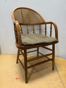 Cane Back Windsor Style Accent Armchair, Solid Wood Frame, Cushioned Seat, Turned Spindle Design