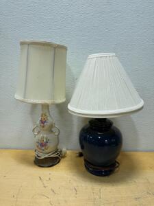 Set of 2 Ceramic Table Lamps &ndash; Vintage Floral & Navy Blue, 18" Tall, Fabric Shades
