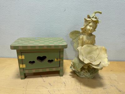 Fairy Girl Figurine with Flower Detail and Decorative Wooden Chest with Heart Cutouts