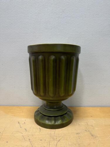 Mid-Century Modern Olive Green Ceramic Pedestal Planter with Ribbed Design 18&rdquo;