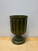 Mid-Century Modern Olive Green Ceramic Pedestal Planter with Ribbed Design 18&rdquo;