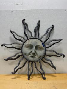 Large Decorative Sun Face Wall Sculpture, Cast Stone Center, Metal Rays, 36 in Diameter, 9A555