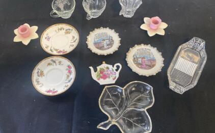 Vintage Decorative Porcelain Plates and Glassware with Floral and Bird Motifs
