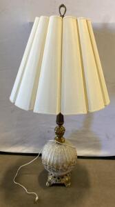 Vintage Ornate Table Lamp, Glass Globe Base, Pleated Cream Shade, Brass Accents, 45&rdquo; Tall