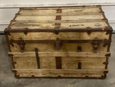 Antique Flat-Top Steamer Trunk, c. 1880&ndash;1920, 36" x 20" x 24", Metal Hardware, Canvas Covering