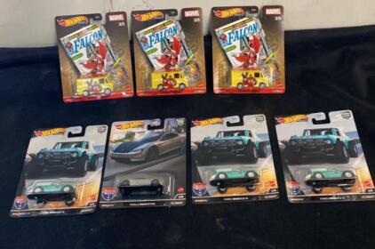 Hot Wheels Premium Marvel Falcon Van DLB45, Ford Bronco R, Tesla Roadster 7-Pack Collectible Cars