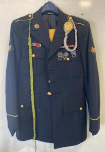 U.S. Army Dress Blue Uniform Set with Sergeant Rank, Service Ribbons, Badges, and Aiguillette