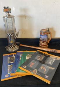 NASCAR Gas Pump Dispenser, Budweiser Stein, Giants Mini Bat, MLB Upper Deck Folders Lot