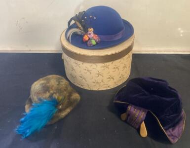 Three Vintage Decorative Hats &ndash; Bowler, Tyrolean & Tricorn Styles with Feathers, Hat Box Included