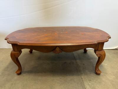 Queen Anne Style Solid Wood Oval Coffee Table, Scalloped Edge, Carved Legs, 48"x26"x17"