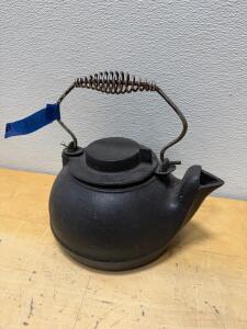 Vintage Cast Iron Kettle with Spring Handle and Removable Lid