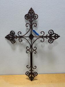 Large Ornate Wrought Iron Wall Cross, Scrollwork, Central Floral Motif, 32"x20", Fleur-de-Lis Ends