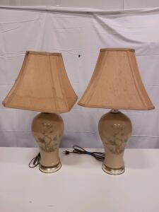 Pair of Vintage Ceramic Floral Table Lamps with Shades, 22" Height, E26 Sockets- Works