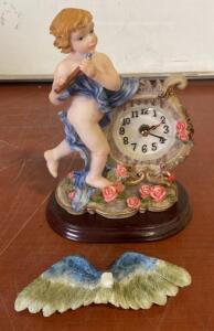 Porcelain Cherub Mantel Clock with Flute, Quartz Movement, Broken Wings, 9.5" Tall