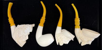 Set of 4 Hand-Carved Turkish Meerschaum Pipes &ndash; Carved Faces & Yellow Acrylic Stems, 6.5"