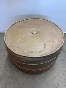 Vintage Round Tan Vinyl Ottoman with Flower Top Stitching, 24" Diameter, Mid-Century Modern Style
